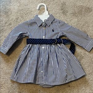 Ralph Lauren Navy & White Striped Shirt Dress w Polka Dot Belt and Bloomers 6m